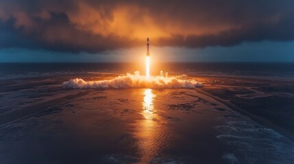 Poster - A rocket ascends powerfully from a launch pad, flames and smoke billowing as it breaks through dark clouds. The ocean reflects the fiery glow of propulsion as the mission begins.