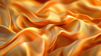 Poster - close-up view of luxurious golden-orange silk fabric exhibiting soft flowing folds with shimme highl