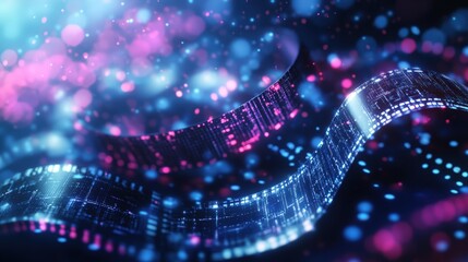 Poster - Abstract Digital Artwork of a Glowing Swirling Ribbon of Data Points and Circuits with Bokeh Lights in Blue and Pink Creating a Vibrant Atmosphere