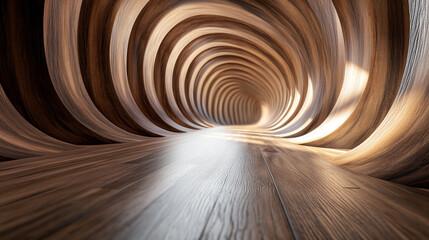 Poster - A swirling tunnel of wood with light at the end and a wooden floor leading into the distance