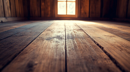 Poster - Wooden floor planks leading to a bright window in a rustic wooden room interior background view