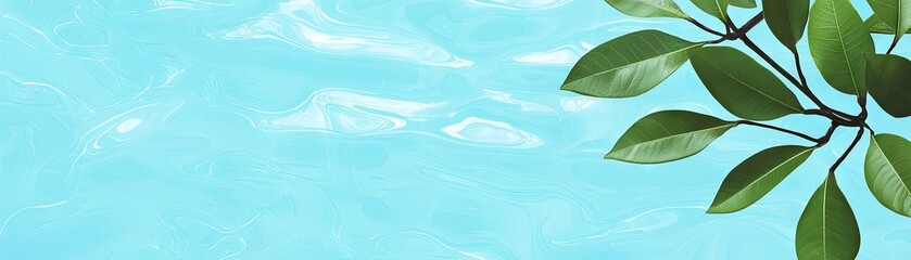 Wall Mural - Green leaves over blue water; summer banner