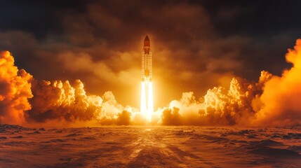 Poster - A massive rocket ascends into the atmosphere, surrounded by billowing clouds of smoke and fiery exhaust. The launch exemplifies advanced engineering and aerospace technology.