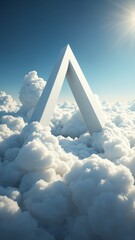 Poster - Surreal Triangle Shape Floating Amidst Soft White Clouds in a Beautiful Sky with Light Blue Hues and Dreamy Atmosphere for Artful Inspiration