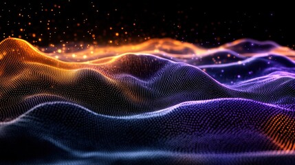 Aufkleber - Abstract digital landscape featu undulating glowing particles in mesmerizing shades of orange, purple, and blue set against a deep black background