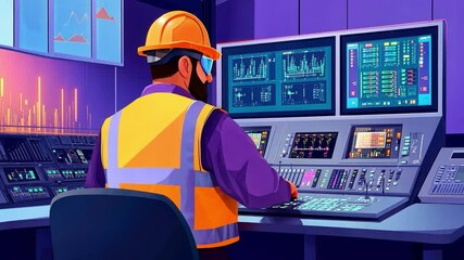 Poster - Construction Worker Operating Control Room with High-Tech Monitors Displaying Data and Graphs in a Modern Environment