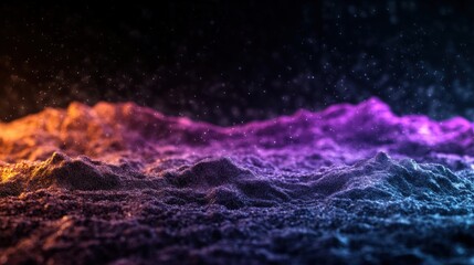 Poster - abstract close-up of a textured surface illuminated in vibrant purple, orange, and blue hues resembl