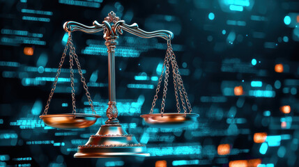 Poster - digital representation of balanced scale symbolizing justice, set against futuristic background of glowing data