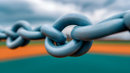Poster - Close-up of Interlinked Blue Metal Chain Links Against Blurred Baseball Field Background