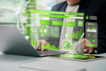Sustainability KPI Dashboard concept. Businessman analyze sustainability investment with KPI Dashboard for ESG, Green businesses, Net zero, Green energy, Green technology, and Carbon credit. CSR.