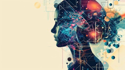 Poster - This abstract artwork features a human profile filled with vibrant colors and geometric shapes, symbolizing creativity and the complexity of thought. Perfect for modern design themes.