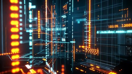 Poster - Futuristic Cityscape with Neon Lights and Digital Architecture in a Dark Environment, Highlighting Technology and Innovation Icons
