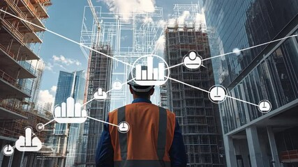 Poster - Construction Worker Overseeing City Skyline with Graph Icon Symbolizing Growth and Development During Daylight in Urban Environment
