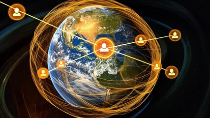 Poster - Futuristic Concept of Global Connectivity with Earth Surrounded by Orbiting Lines and Central Notification Symbol Representing Digital Communication