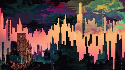 Poster - Vibrant Abstract Cityscape with Colorful Skyscrapers and Dynamic Geometric Patterns Depicting Urban Life and Energy for Modern Design Projects