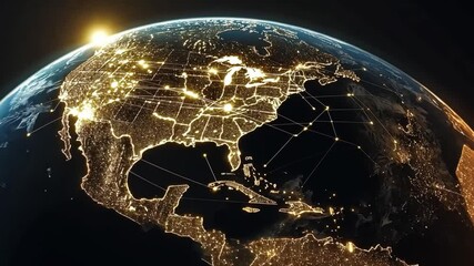 Poster - Aerial View of Earth at Night with Illuminated Cities and Landmasses, Highlighting Global Connectivity and Urban Development in North America and Asia