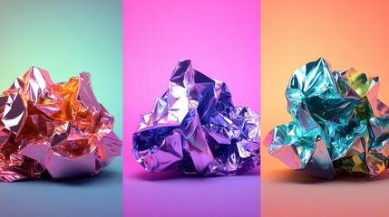 Poster - three crumpled balls of iridescent foil in copper, purple, and teal against matching pastel backgrou