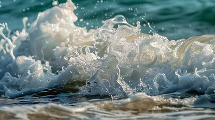 Wall Mural - a close up of ocean waves rolling up with wind making a magical scene