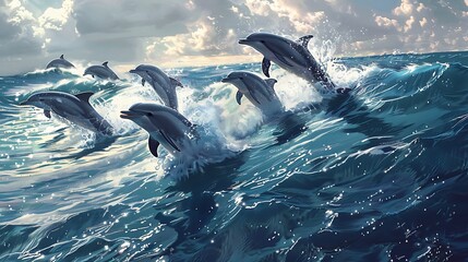 Wall Mural - group dolphin jumping out of sea water