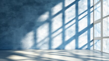Poster - Sunlight Streams Through Large Window Creating Beautiful Grid Shadows on Textured Blue Wall in a Minimalist, Empty Room with a Serene Atmosphere