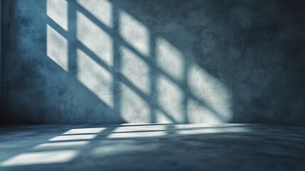 Poster - Sunlight Streaming Through Window Casting Intricate Grid Patterns of Shadows Over Dark Concrete Wall and Floor Creating a Moody Atmosphere Inside Room