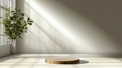 Poster - Minimalist interior scene with circular wooden podium illuminated by sunlight, positioned near a neutral wall and a potted plant beside a large window