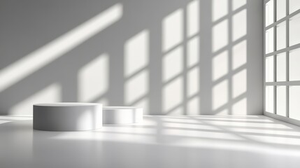 Poster - Sunlit Minimalist White Room with Two Cylindrical Display Platforms Casting Shadows from Large Window Shows Contemporary Elegant Design Aesthetic