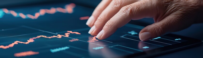 Poster - Hand on tablet screen with financial data analysis