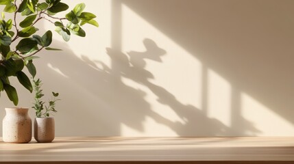 Poster - Sunlight Streams Through Window Casting Shadows on Beige Wall Behind Two Potted Plants on Light Wood Surface Creating a Serene Interior Atmosphere