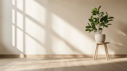 Poster - Sunlight Illuminates a Minimalist Room with Light Wood Floor, Beige Wall, and a Potted Plant on a Light Wood Stool Creating a Calm Atmosphere