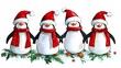 © berdoa - Four penguins in Santa hats and scarves on snow.