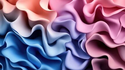 Poster - Abstract Close-Up View of Flowing Pastel-Colored Fabric in Soft Shades of Pink, Blue, and Peach Forming an Elegant Wave-Like Pattern of Texture