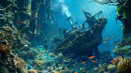 Wall Mural - underwater scene of a ship wreck drowning in deep waters
