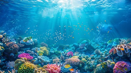 Wall Mural - underwater scene of coral reefs and other sea creatures in deep waters
