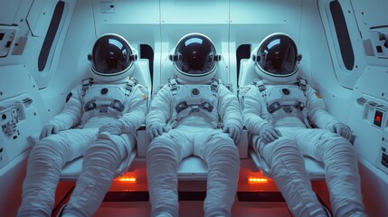 Poster - Three astronauts are seated in a futuristic spacecraft, equipped with advanced instruments and safety features, as they gear up for a mission into space involving propulsion and landing techniques.