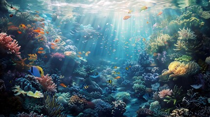 Wall Mural - underwater scene of coral reefs and other sea creatures in deep waters