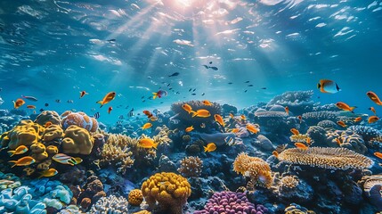 Wall Mural - underwater scene of coral reefs and other sea creatures in deep waters