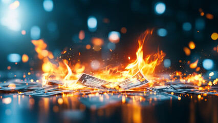 Leinwandbilder - Flames engulf a spread of dollar bills symbolizing the volatile nature of assets and investments. The contrast of fire and currency represents the risks involved in portfolio management and trust.