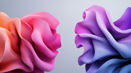 Poster - two abstract organic forms resembling ruffled fabric in warm colors against a neutral gray backgroun