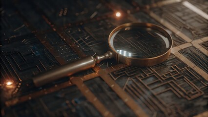 Poster - a magnifying glass examines a circuit board