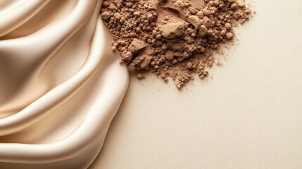 Poster - A Pile of Loose Brown Powder Next to Pale Beige Silk Fabric on Light Beige Background Creating a Harmonious Earthy and Elegant Composition for Design