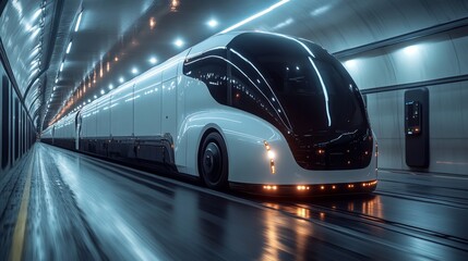 Aufkleber - A futuristic transport vehicle moves through a sleek warehouse, showcasing its cutting edge design and functionality for logistics and distribution purposes.