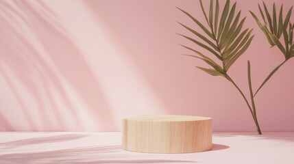 Poster - A serene minimalist display featuring a round wooden pedestal against a soft pink background decorated with palm leaves, showcasing natural beauty and simplicity.