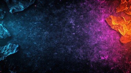 Poster - abstract digital art of dark textured background with vibrant blue and orange rock formations creati