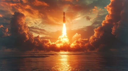 Poster - A rocket lifts off into the evening sky, leaving a trail of fire and smoke amidst vibrant clouds. The stunning sunset creates a dramatic backdrop as it ascends into space.