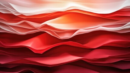 Poster - Abstract image of layered translucent fabrics in red and white creating a wave-like pattern illuminated by light, captu elegance and movement visually.