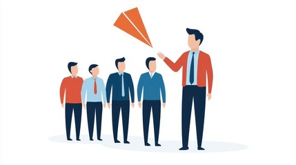Poster - A group of five men, with one larger figure leading, appears to be guiding or inspiring the others, using paper planes as a visual metaphor.