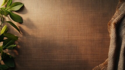 Poster - Overhead View of Textured Brown Surface Featu Green Leaves and Loosely Draped Burlap Fabric Bathed in Warm Diffused Light Environmentally Peaceful