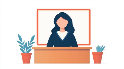 Poster - A woman stands behind a desk with plants on both sides, in front of a blank screen, suggesting a professional or educational setting.