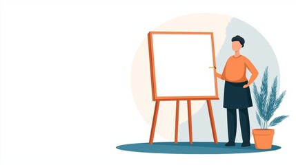 Aufkleber - A person stands next to a blank presentation board, ready to present ideas, with a plant nearby, in a modern, illustrative style.